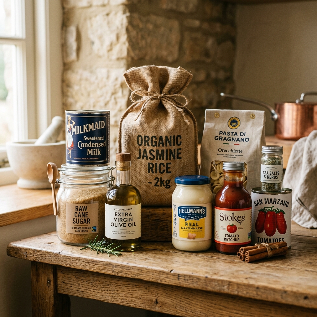 A spread of groceries including tin milk, sugar, rice, oil, ketchup and mayonnaise