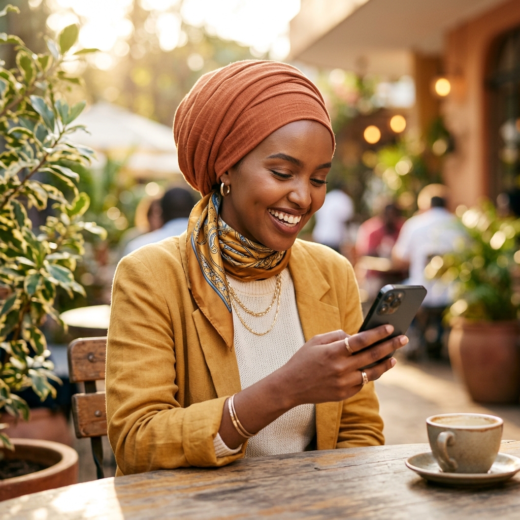 An African hijabi woman using her mobile phone