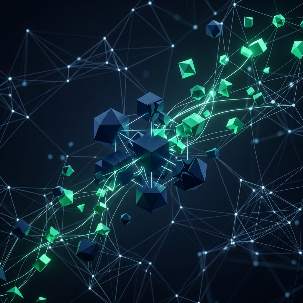 Abstract visualisation of a blockchain network and staked digital assets